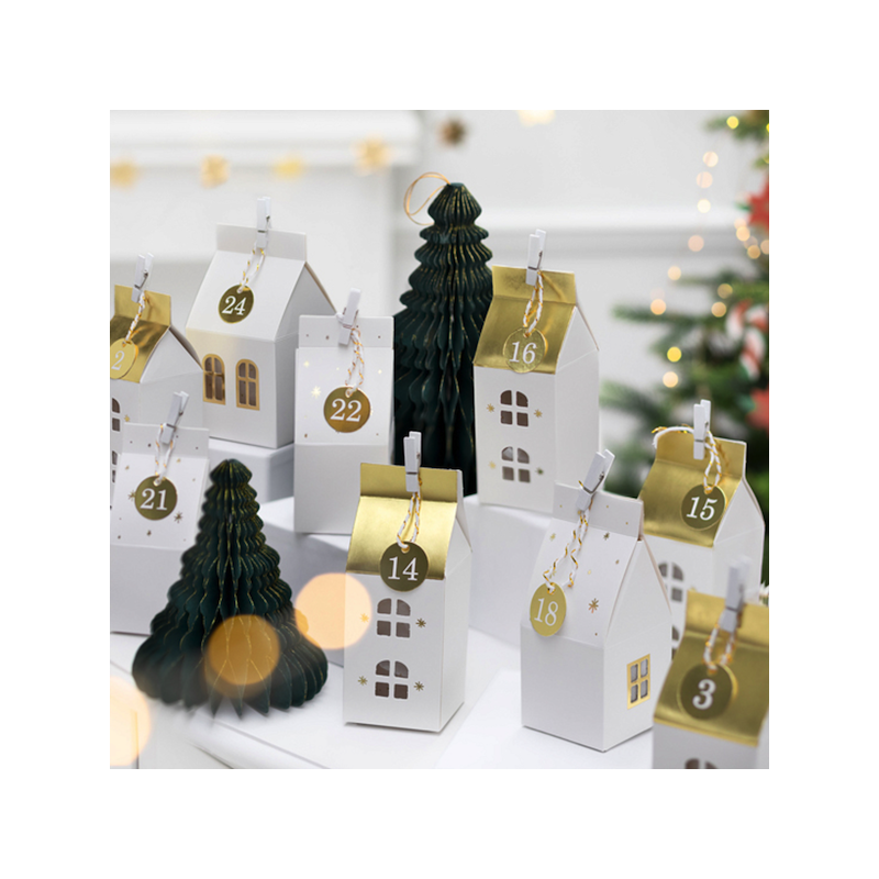 PartyDeco Advent Calendar Xmas Houses White-Gold DIY