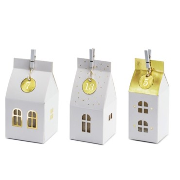 PartyDeco Advent Calendar Set House Boxes Xmas Village White-Gold PD-KA6