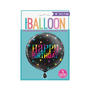 Unique Party Folienballon Happy Birthday Regenbogen-Schwarz Sterne 45cm UP-53841