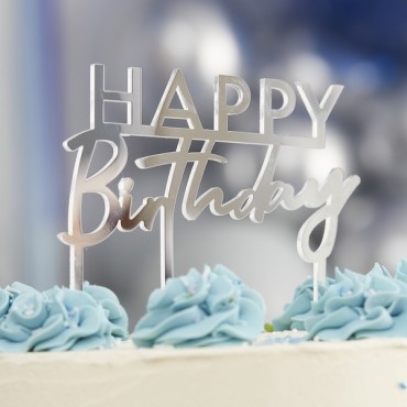 Ginger Ray Silver Happy Birthday Acrylic Cake Topper 12cm GR-MIX-570