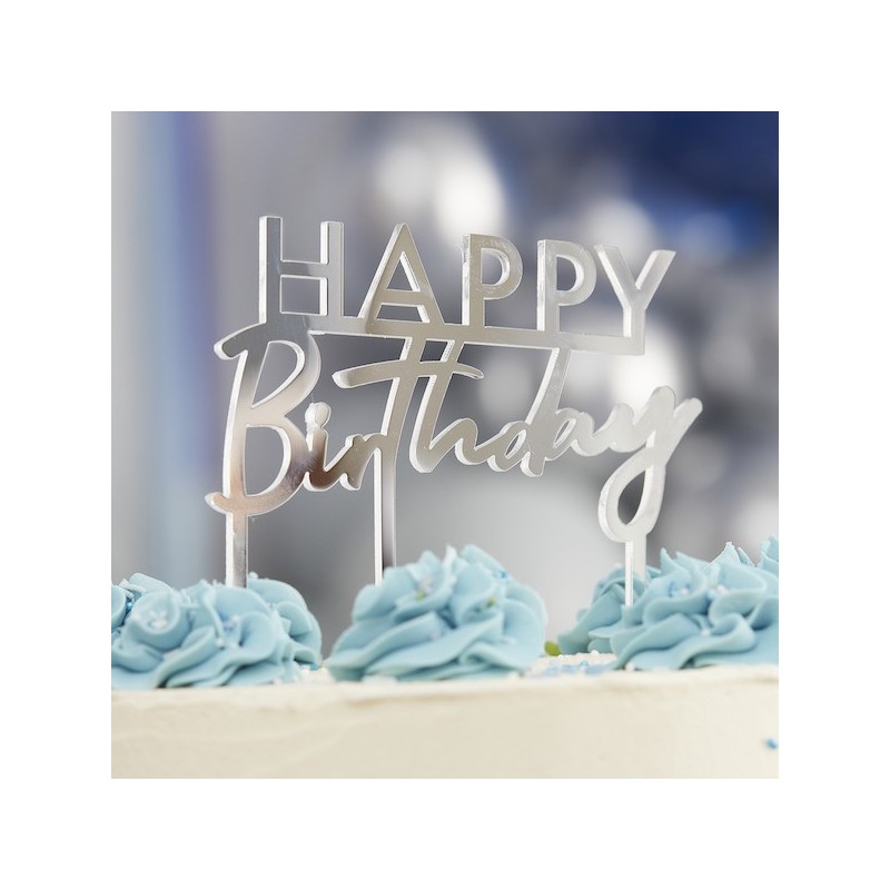 Ginger Ray Happy Birthday Acrylic Cake Topper Silver