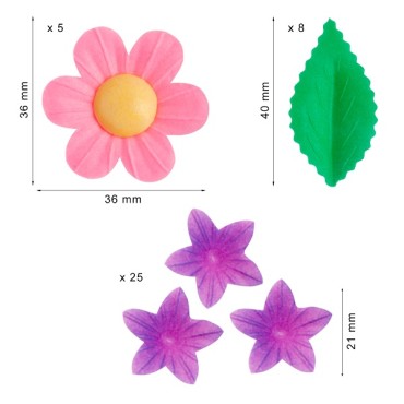 Dekora - Wafer decoration, flowers & leaves 166020 WAFER CAKE DECORATION 5 DAYSIES, 25 MINIFLOWERS & 8 LEAFS