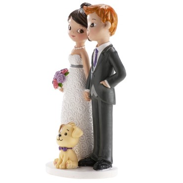 Cake Topper Brautpaar mit Hund - Hochzeitstortenfigur Brautpaar und Hund