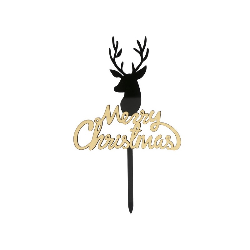 DeKora Merry Christmas Deer Cake Topper Black/Gold 16.5x10cm