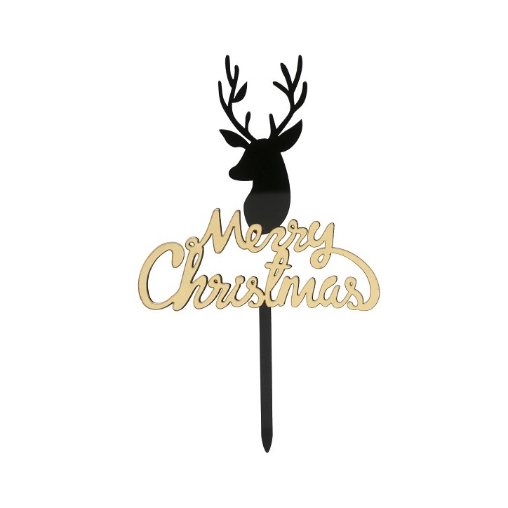 DeKora Merry Christmas Deer Head Cake Topper Black Gold