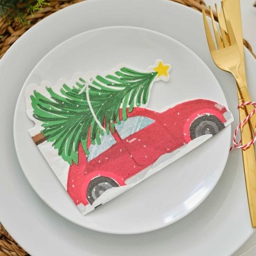 Papierservietten Rotes Auto mit Tannenbaum - Little Red Car Servietten - Weihnachtsservietten