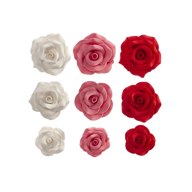deKora Zuckerrosen Mix Weiss, Rot & Rosa, 12 Stück