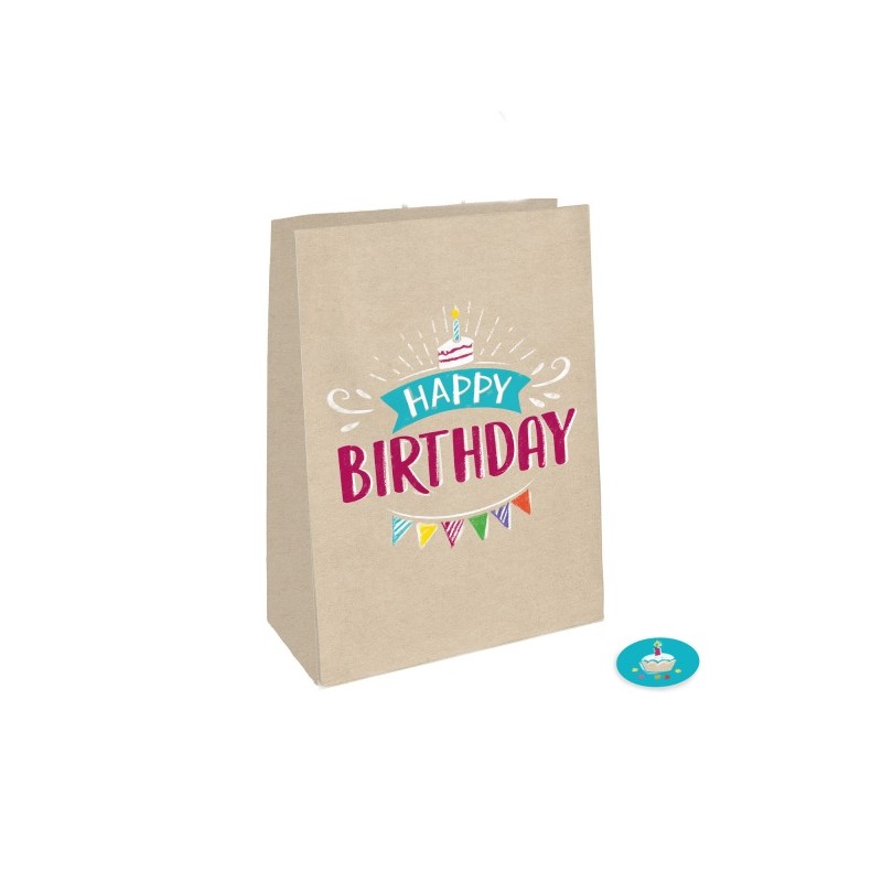 Amscan 4x Happy Birthday Gift bags Kraft Brown, 14.7x21cm