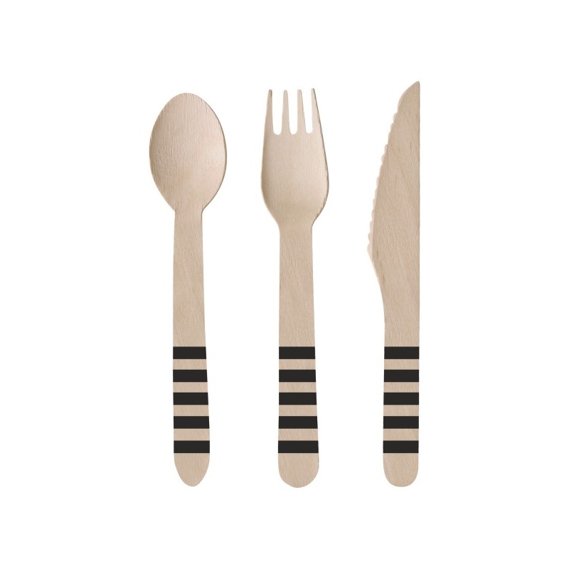 Amscan Black Striped Wooden Cutlery Set, 24 pcs