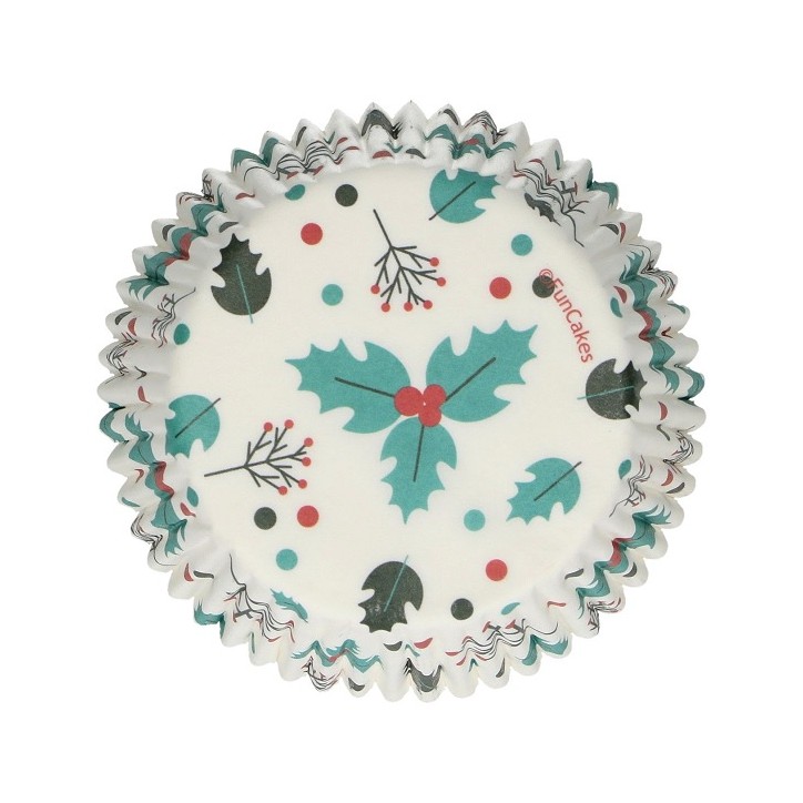 FunCakes Holly Leaf Cupcake Cases – 48 pcs, Ø 50x32 mm, Christmas Baking Cups