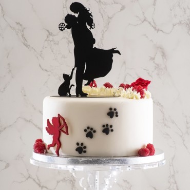 Black Silhouette Bridal Couple Cake Topper with Cat 18cm