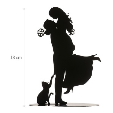 Black Silhouette Bridal Couple Cake Topper with Cat 18cm