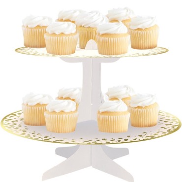 Gold/Weiss Konfetti Etagere - Cupcake Etagere 2-Stöckig -  Weiß und gold Karton Muffin Ständer Party