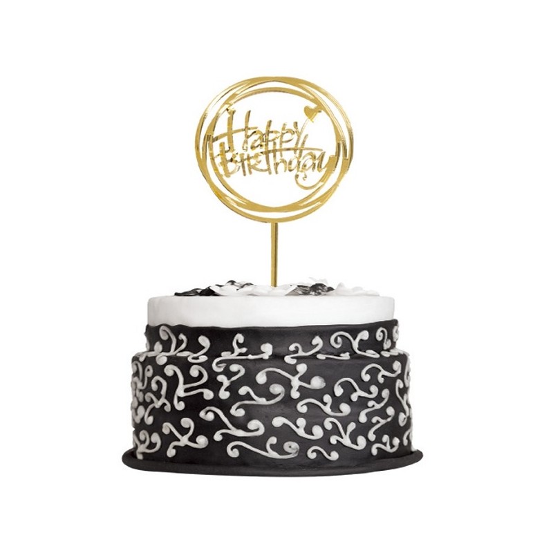 DeKora Round Happy Birthday Cake Topper Gold 15.4x10cm