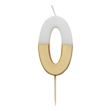 White & Gold Number Candle 0 - Zero Number Candles Gold/White BDAY-CANDLE-GLDV2-0