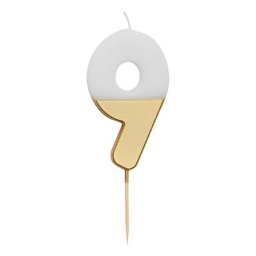 9 Zahlenkerze Gold/Weiss - Nummernkerze NEUN - 9-Zahlenkerze Gold/Weiss