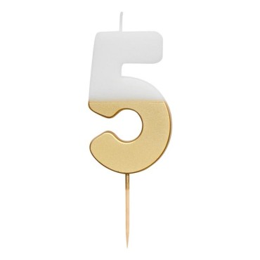 5 Number Candle Gold/White - Elegant Number Candles - Gold/White Cake Candle No.5