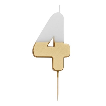 White/Gold Number 4 Candle - Birthday Candle No4 - Cake Candle Number Four