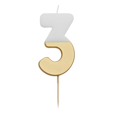 Nummer 3 Zahlenkerze Gold/Weiss - Nummerkerze Elegant - Zahl 3 Geburtstagskerze Weiss/Gold