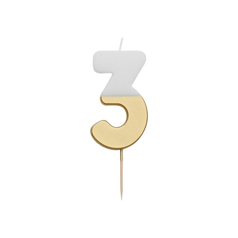 Talking Tables Number 3 Birthday Candle White & Gold, 7.5cm