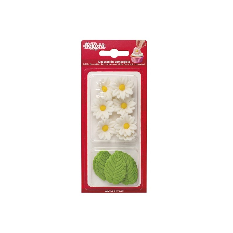 DeKora White Marguerites and Leaves Cake Decor, 12 pcs