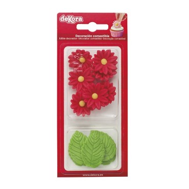 Glutenfree Sugar Flower Decoration Red Daisies - Red Daisy Cake Decor - Red Marguerites and Leaf sugar decoration