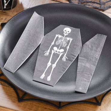 16 ausklappbare Skelett-Sarg-Papierservietten – Pop-Out-Skelett-Sarg-Papier-Halloween-Servietten