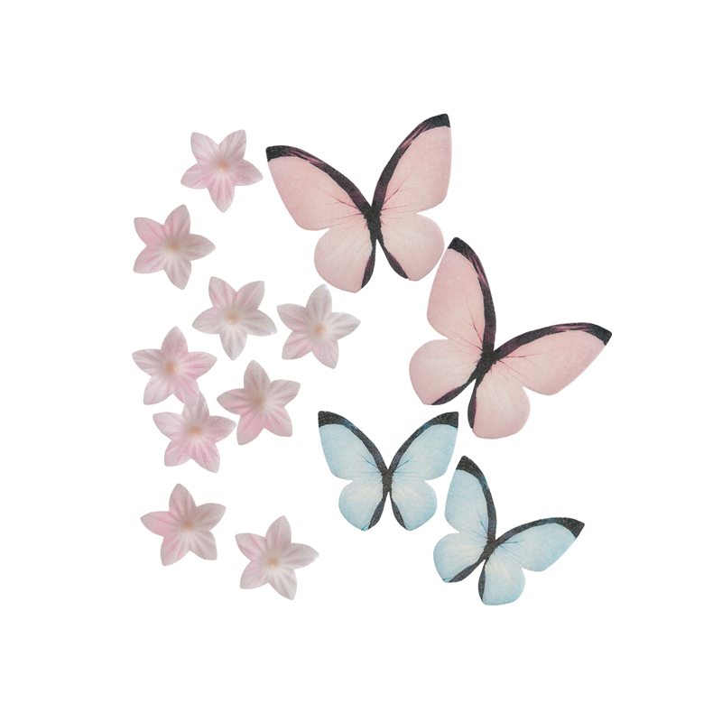 DeKora Esspapier Rosa Blumen & Rosa/Blaue Schmetterlinge 39 Stück