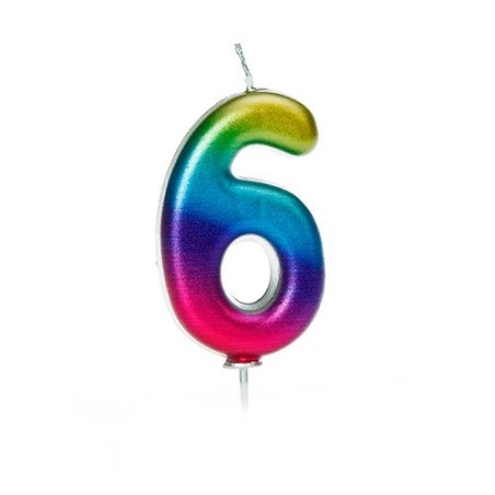 6 Zahlenkerze Metallic Regenbogen - Geburtstagskerzen Nummern