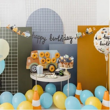 PartyDeco Banner Happy Birthday Construction Vehicles