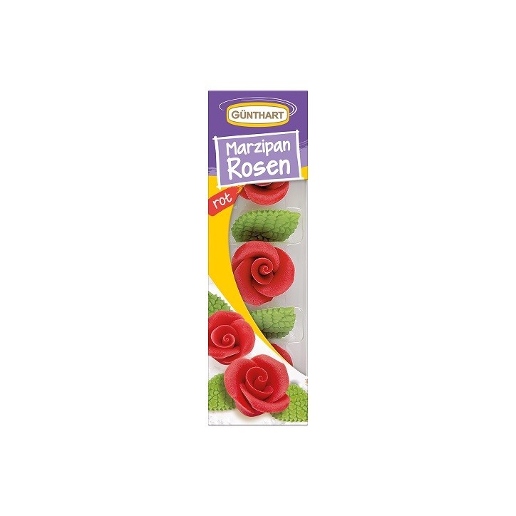 Handcrafted Red Marzipan Roses and Leaves - Set of 3 by Günthart Handcrafted Red Marzipan Roses and Leaves - Set of 3 by Günthart