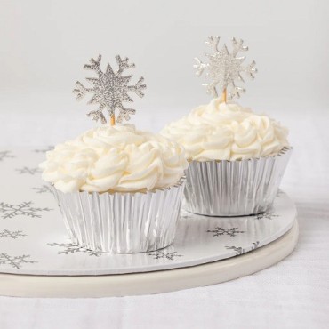 Glitter Schneeflocken Cupcake Topper Silber – Winterliche Tortendeko