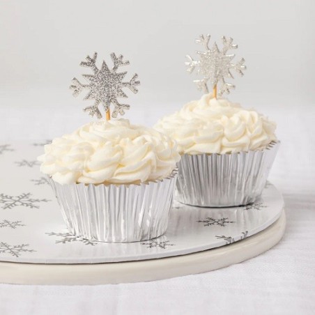 Glitter Snowflake Cupcake Toppers Silver – Winter Cake Decorations