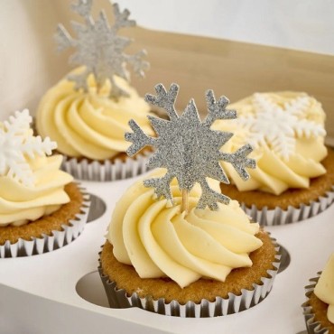 Glitter Schneeflocken Cupcake Topper Silber – Winterliche Tortendeko