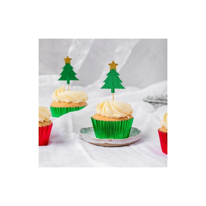 Anniversary House Glitter Christmas Tree Cupcake Topper, 12 pcs