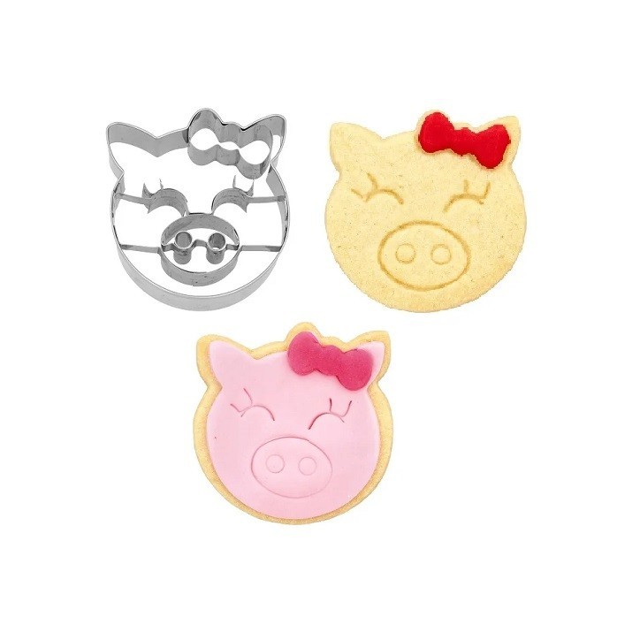 Birkmann Pig Cookie Cutter with Bow – 6.5 cm Stainless Steel Embossed Farm Animal Cutter
