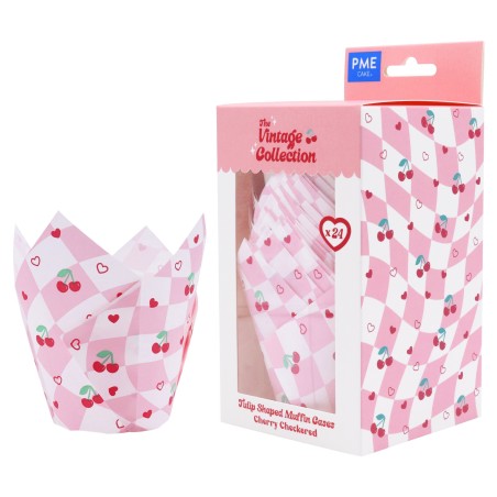 PME Tulip Muffin Cases Cherry Checkerboard – 24 pcs | Vintage Cupcake Liners