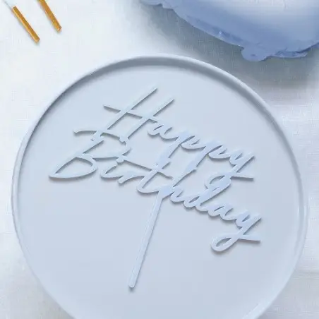 PartyDeco Misty Blue Happy Birthday Cake Topper – 17.5 cm Acrylic