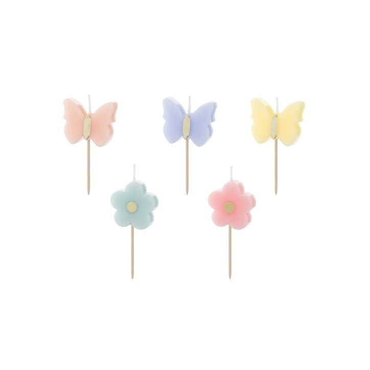 PartyDeco Butterfly & Flower Candles – 5-Pack Pastel