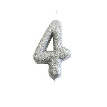Silberne Glitzer-Zahlenkerze „4“ – für 4. Geburtstage & elegante Tortendeko
