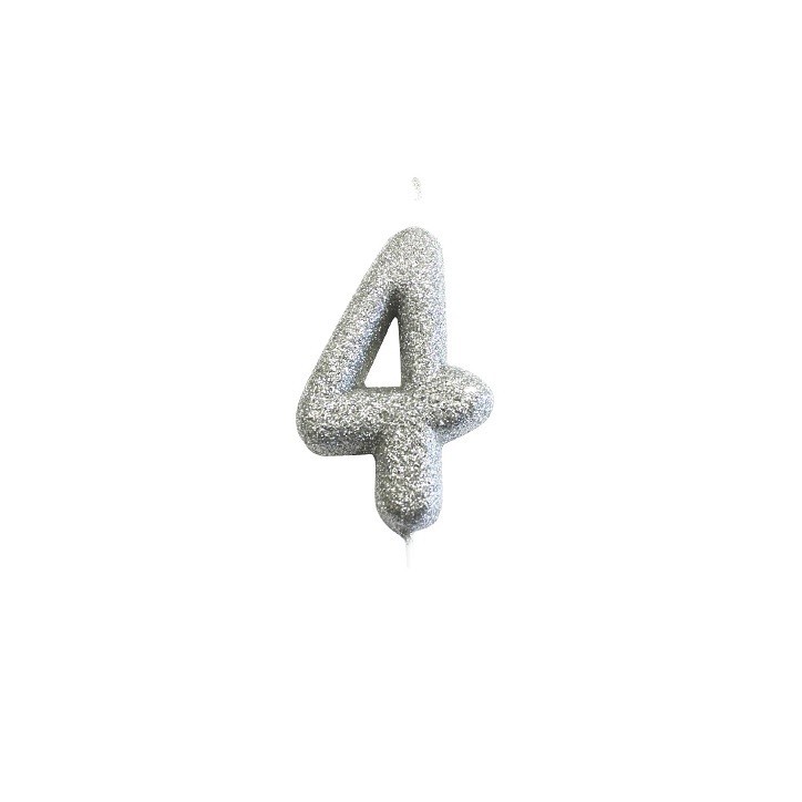 Silberne Glitzer-Zahlenkerze „4“ – für 4. Geburtstage & elegante Tortendeko