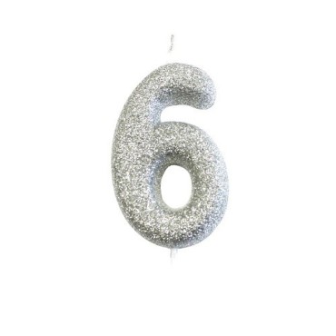 Silver Glitter Numeral Candle “6” – For 6th Birthdays, Anniversaries & Stylish Cakes