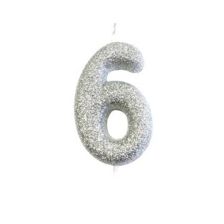 Silberne Glitzer-Zahlenkerze „6“ – für 6. Geburtstage, Jubiläen & elegante Tortendeko