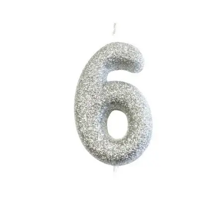 Silver Glitter Numeral Candle “6” – For 6th Birthdays, Anniversaries & Stylish Cakes