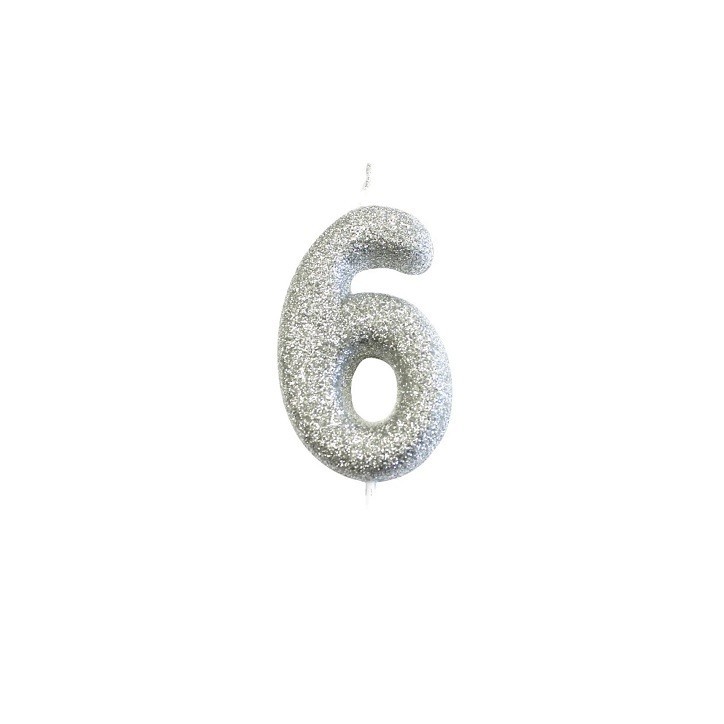 Silver Glitter Numeral Candle “6” – For 6th Birthdays, Anniversaries & Stylish Cakes