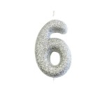 Anniversary House Number 6 Candle Silver Glitter, 6.5cm