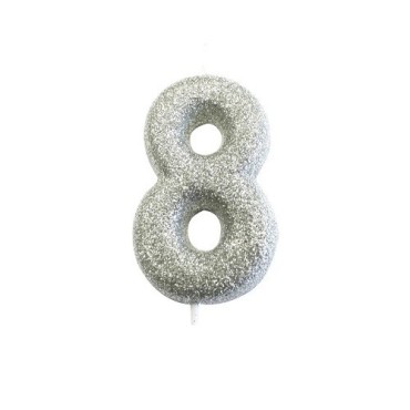 Silberne Glitzer-Zahlenkerze „8“ – für 8. Geburtstage, Jubiläen & elegante Tortendeko