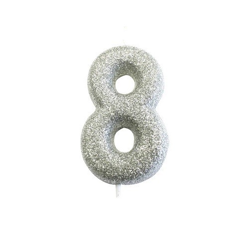 Anniversary House Number 8 Candle Silver Glitter, 6.5cm
