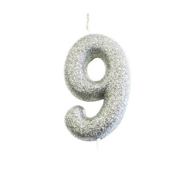 Silberne Glitzer-Zahlenkerze „9“ – für 9. Geburtstage, Jubiläen & elegante Tortendeko