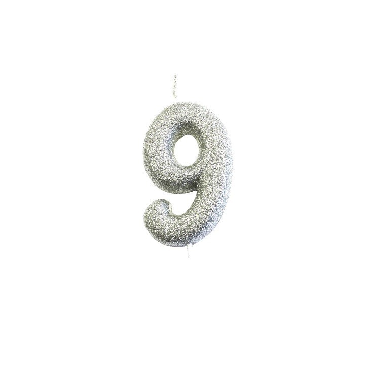 Silver Glitter Numeral Candle “9” – For 9th Birthdays, Anniversaries & Elegant Cakes